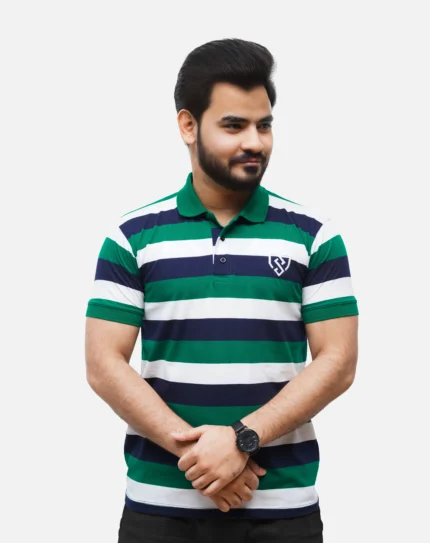 Men's Urban Style Striper Polo Shirt (Navy Green)