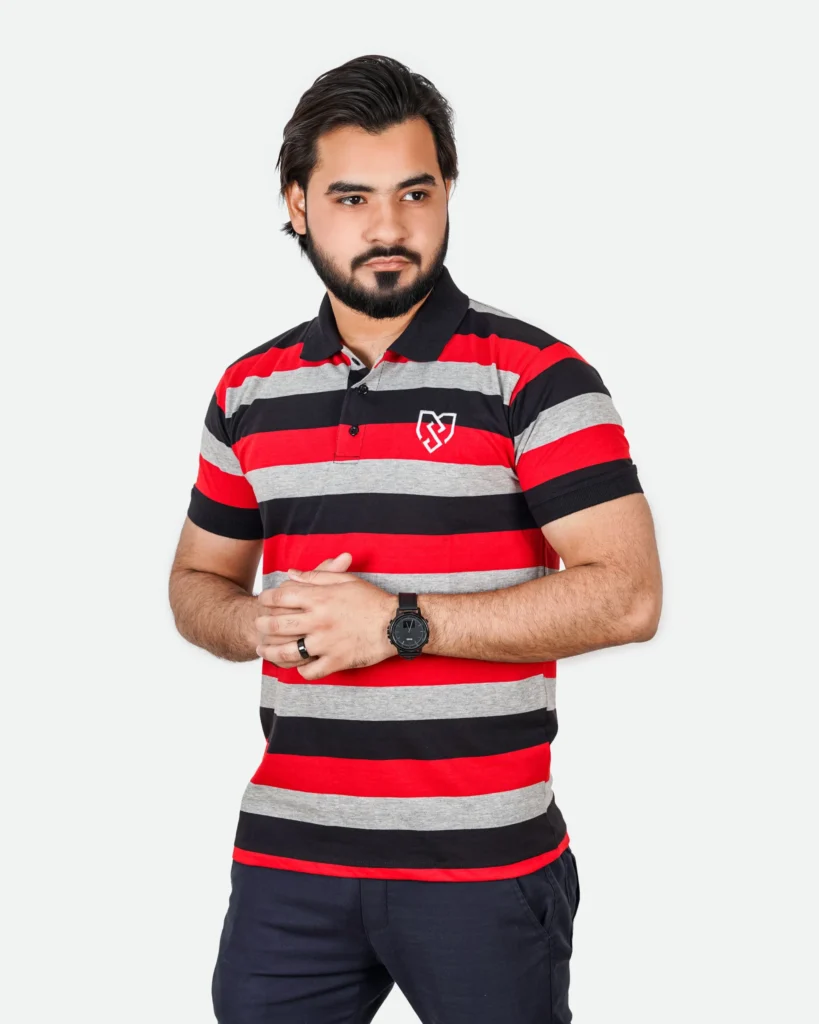 Men's Urban Style Striper Polo Shirt (Red Black)