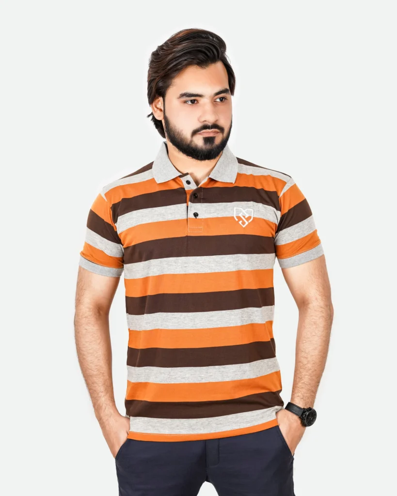 Men's Urban Style Striper Polo Shirt (Mustard Brown)
