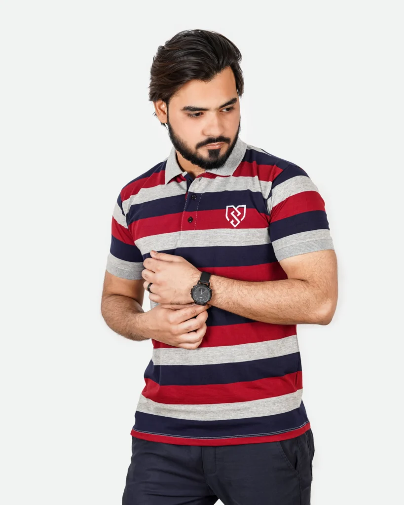 Men's Urban Style Striper Polo Shirt (Navy Maroon)