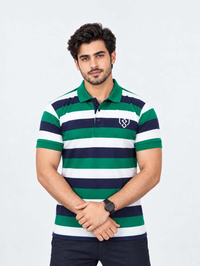 Urban Style Striped Polo Shirt (Navy Green)