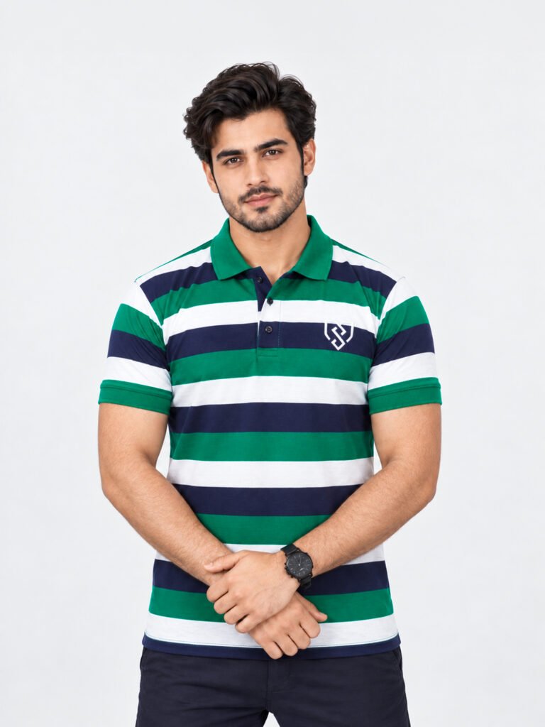 Urban Style Striped Polo Shirt (Navy Green)