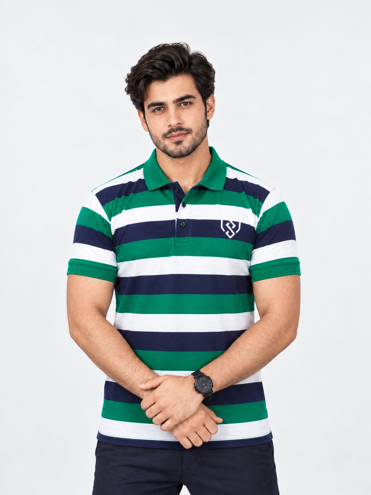 Urban Style Striped Polo Shirt (Navy Green)