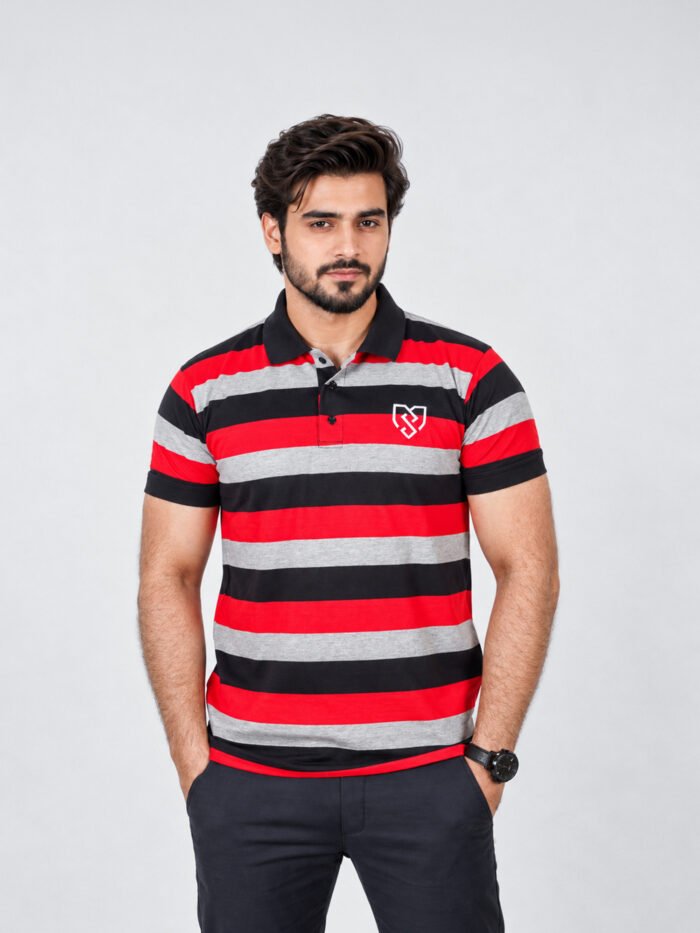 Urban Style Striped Polo Shirt (Red Black)
