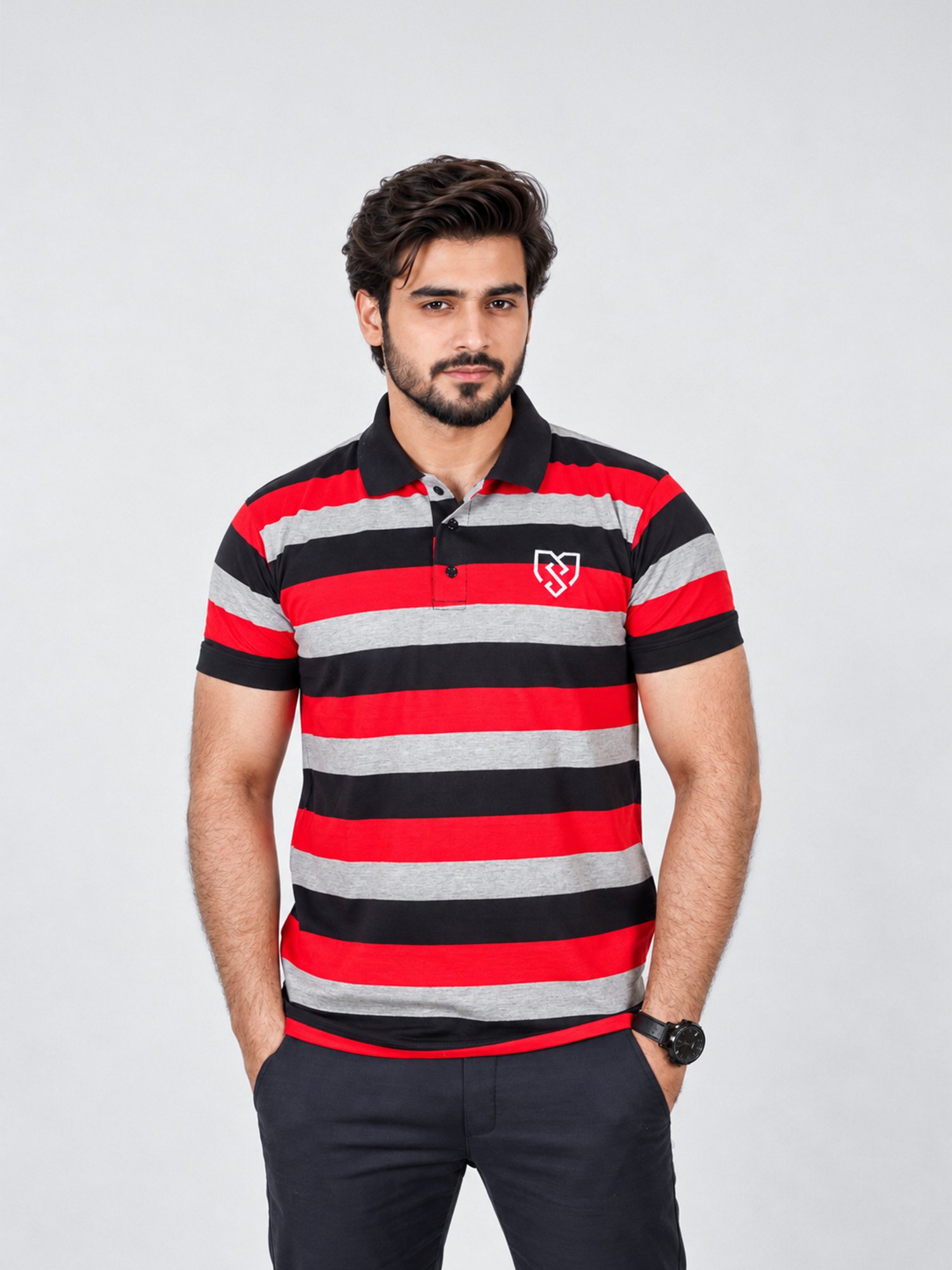 Urban Style Striped Polo Shirt (Red Black)